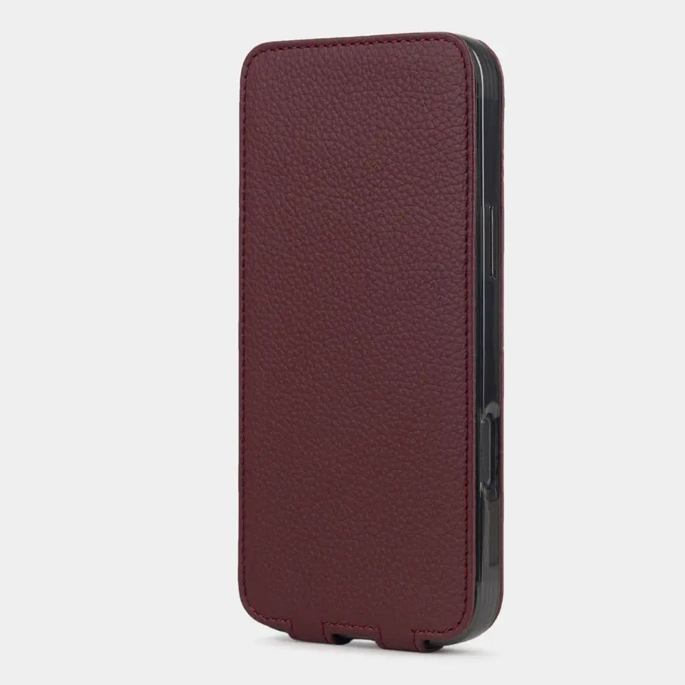 bordeaux calfskin case iPhone 17 Pro – upright closed view highlighting the magnetic front cover fully protecting the screen, elegant silhouette
