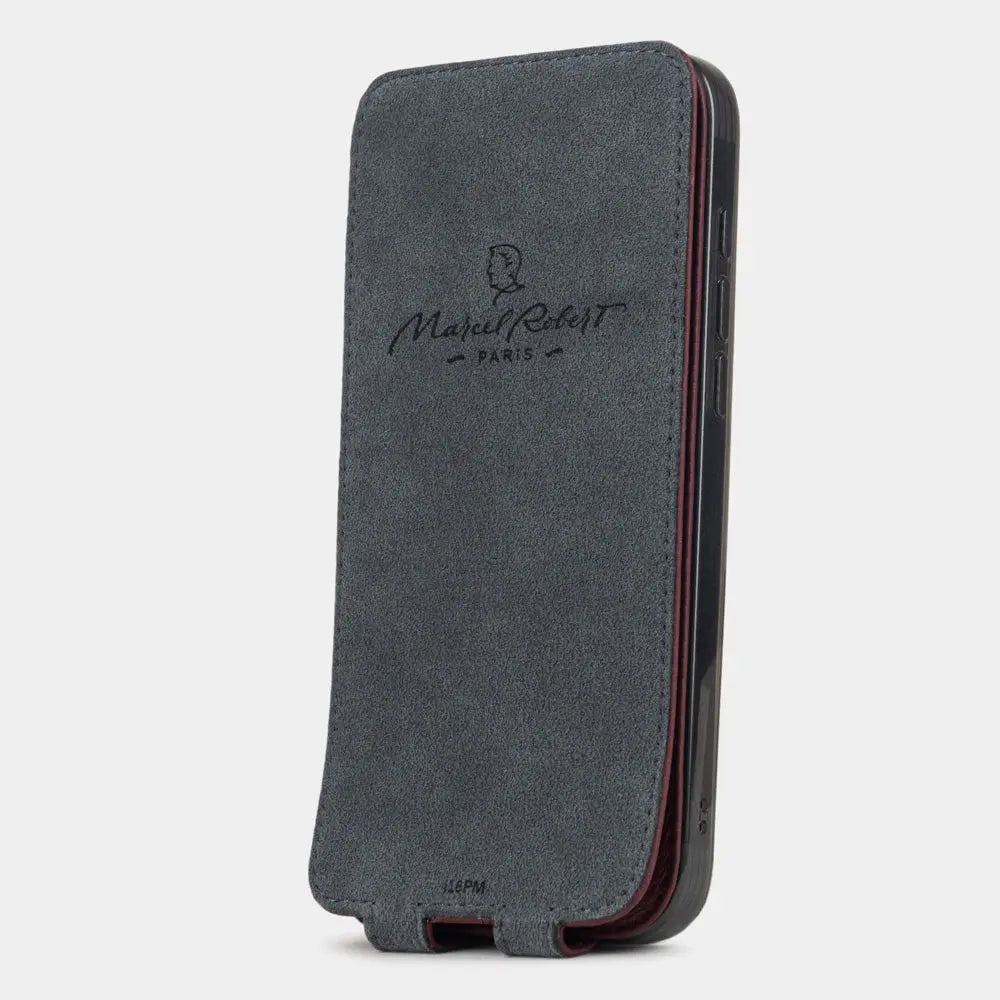 bordeaux Calfskin Case iPhone 17 Pro - interior view showing grey Alcantara lining with magnetic closure, designed to clean and protect the screen