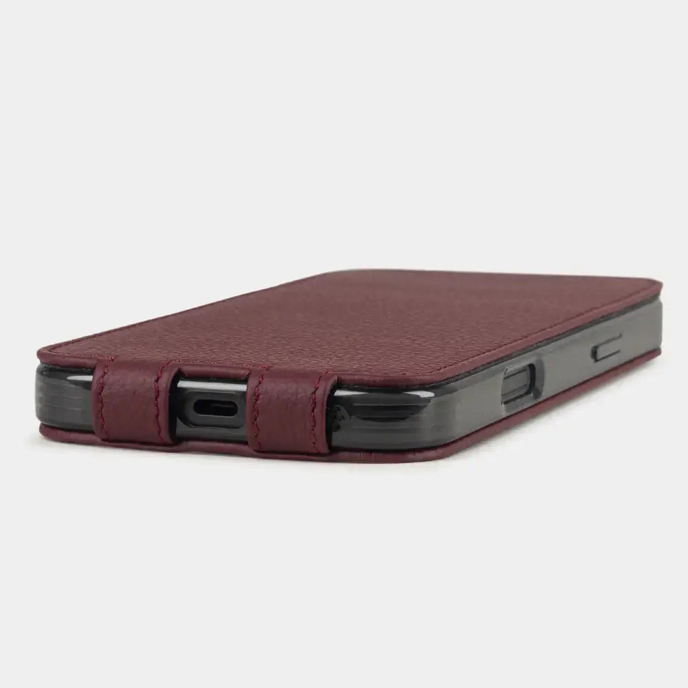 bordeaux calfskin Case iPhone 17 Pro - flat side view displaying ultra-thin handcrafted design, USB-C port opening and precise edge finishing