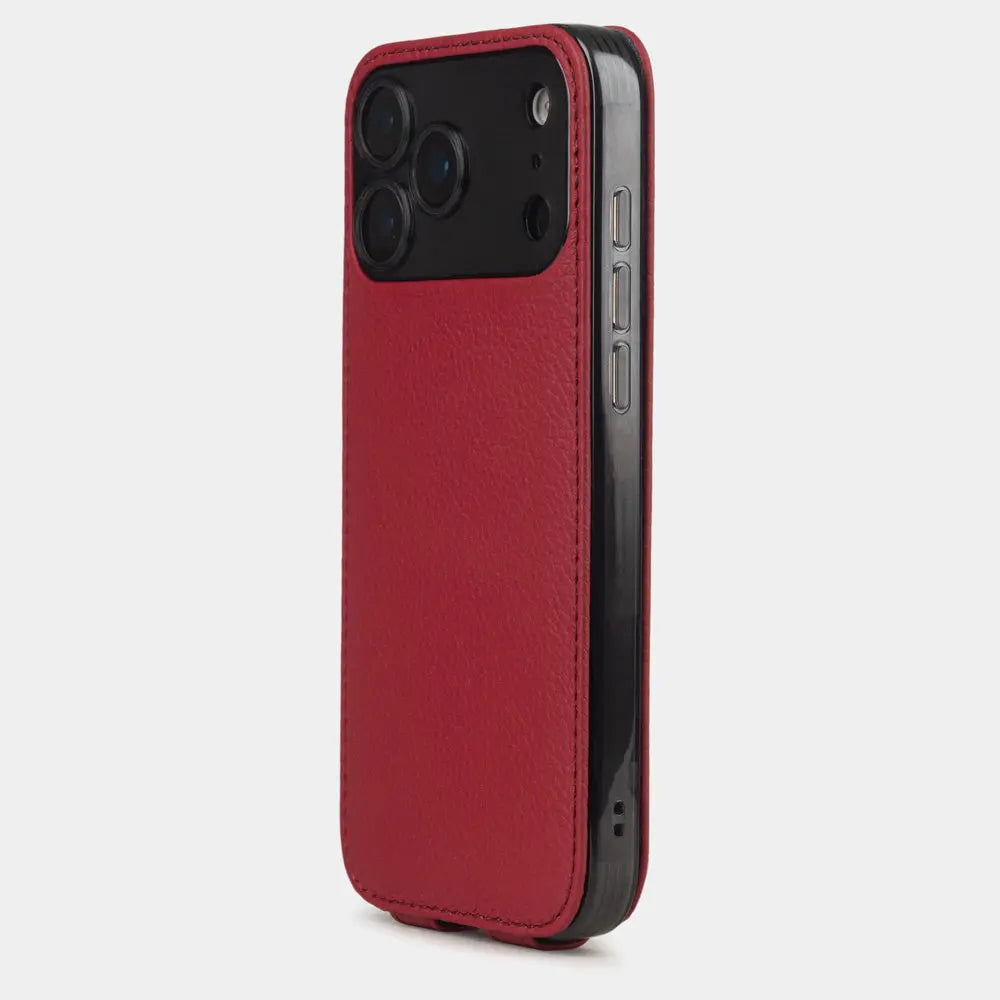 Red Calfskin Case iPhone 17 Pro - view from camera side and how the lenses are efficiently protected