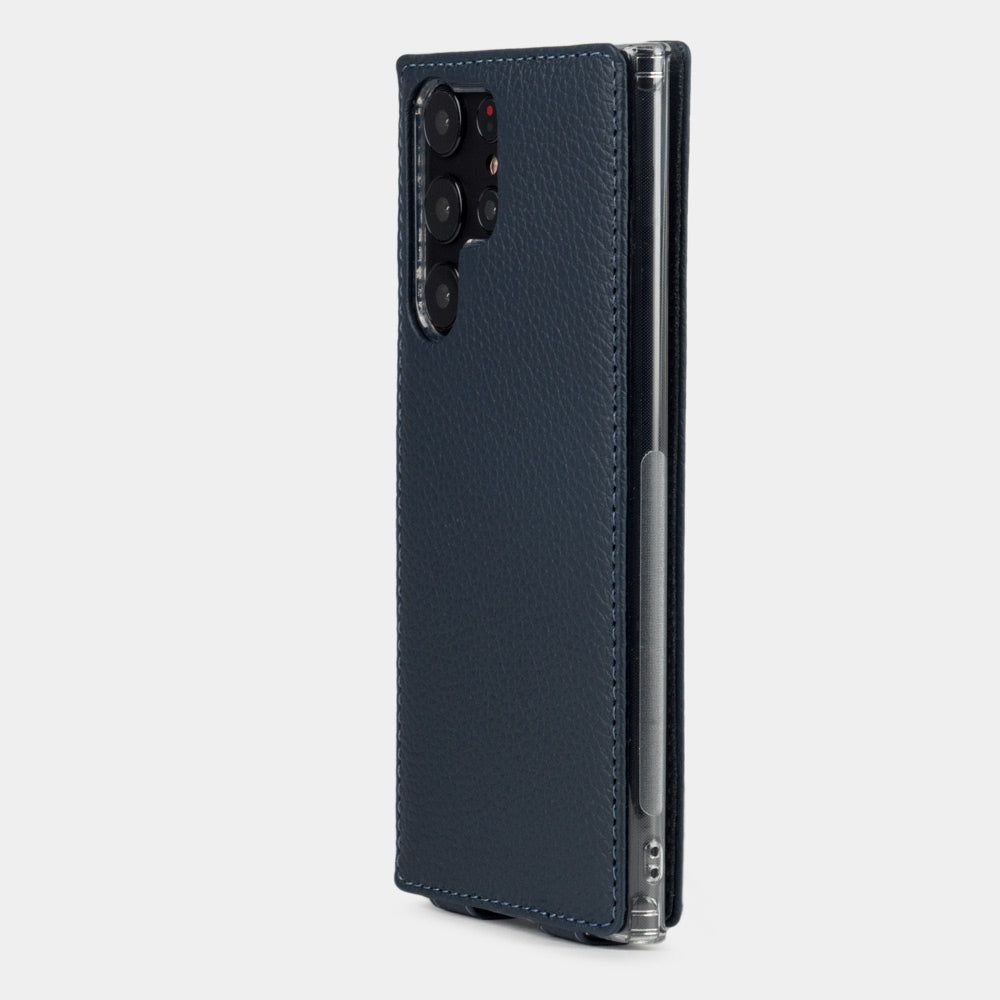 Back view of the Samsung S24 Ultra blue leather case, camera cutout with precise leather stitching