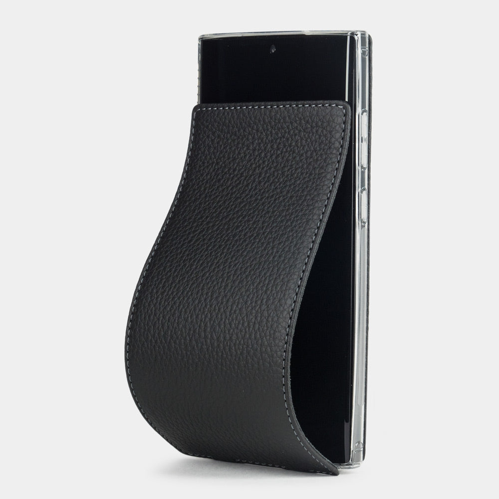 Samsung S23 Ultra black leather flip case, magnetic flap opening to reveal the screen