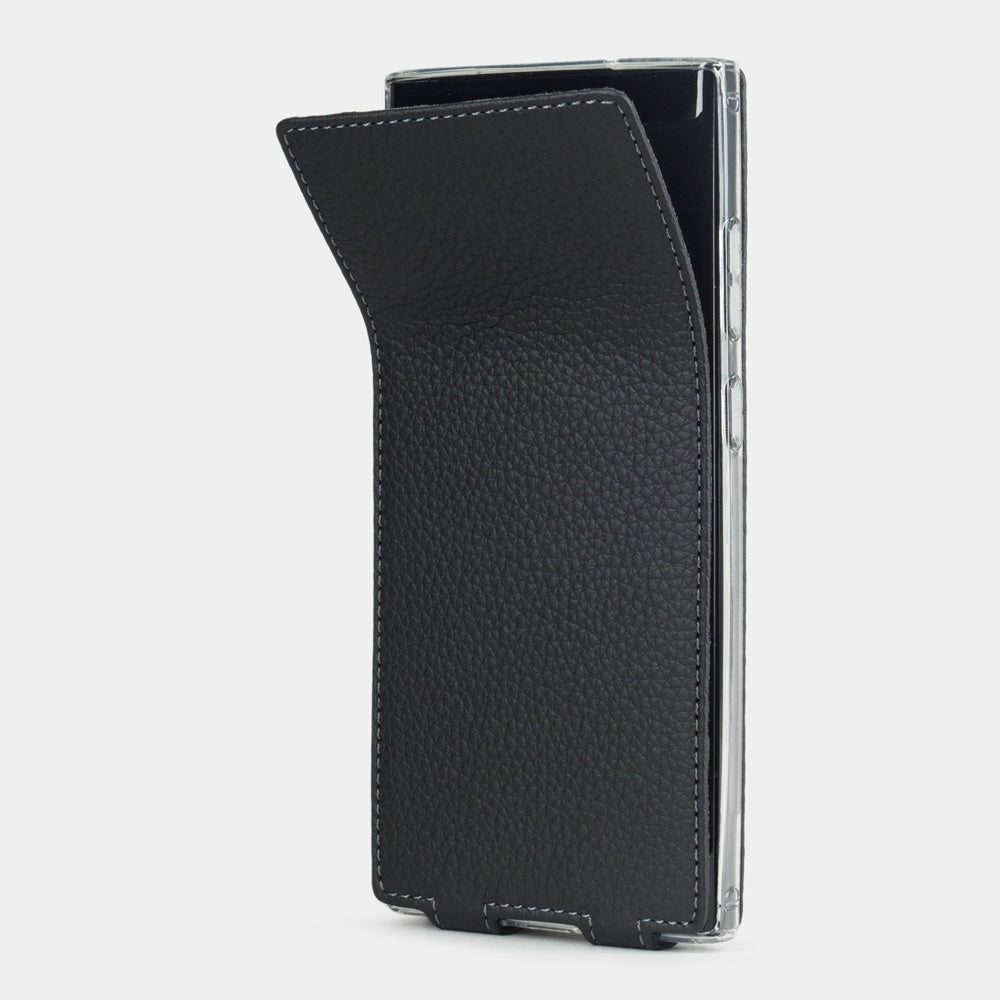 Samsung S23 Ultra black leather case, flexible flap folding completely flat against the back
