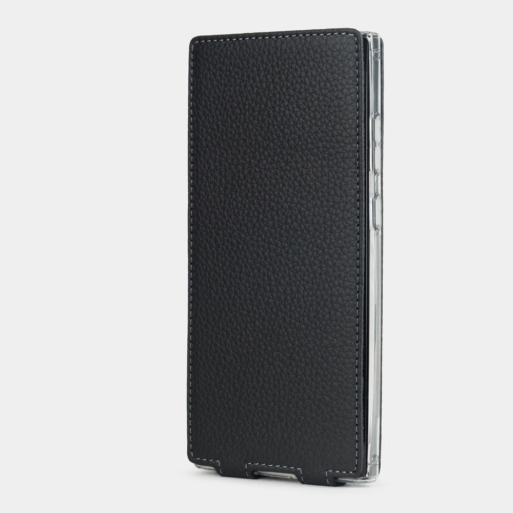 Samsung S23 Ultra leather flip case in black calfskin, patented magnetic flap closed flat — front view