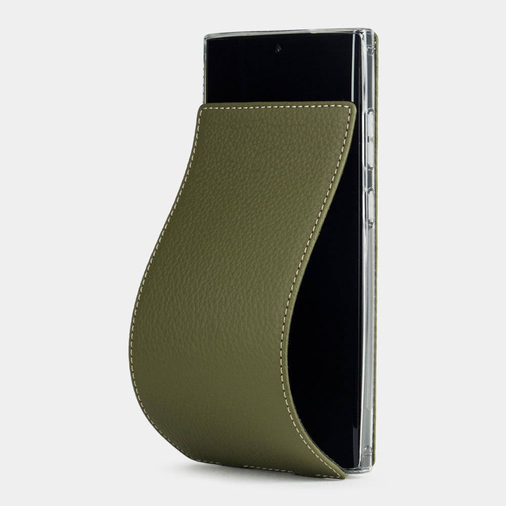 Samsung S23 Ultra green leather flip case, magnetic flap opening to reveal the screen