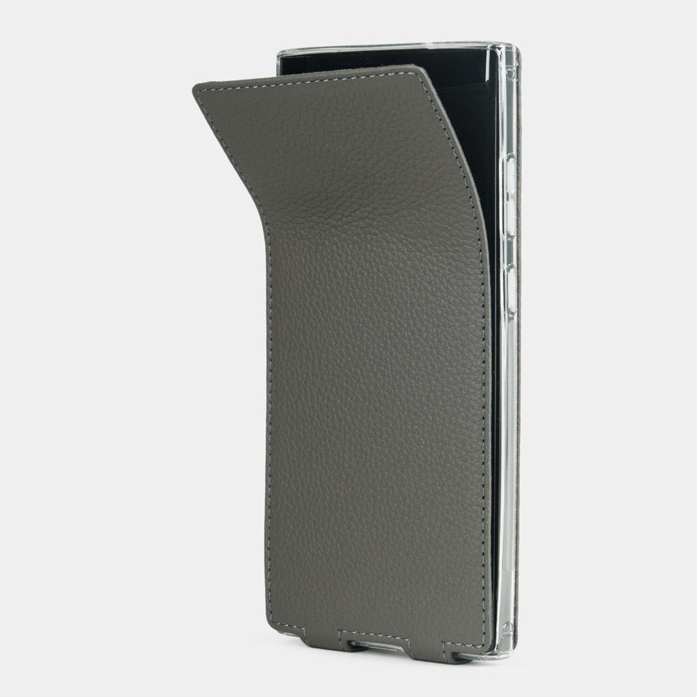 Samsung S23 Ultra grey leather case, flexible flap folding completely flat against the back