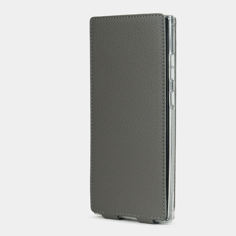 Samsung S23 Ultra leather flip case in grey calfskin, patented magnetic flap closed flat — front view