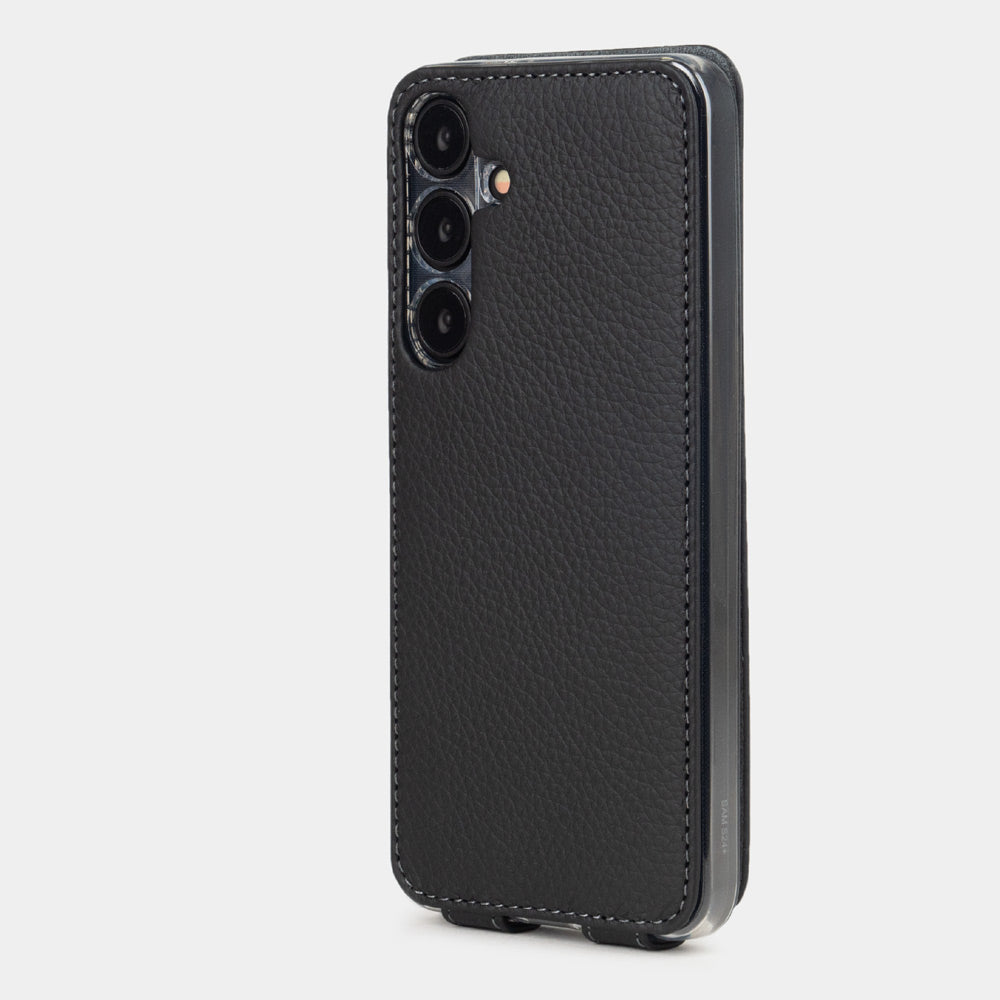 Back view of the Samsung S24 Plus black leather case, camera cutout with precise leather stitching