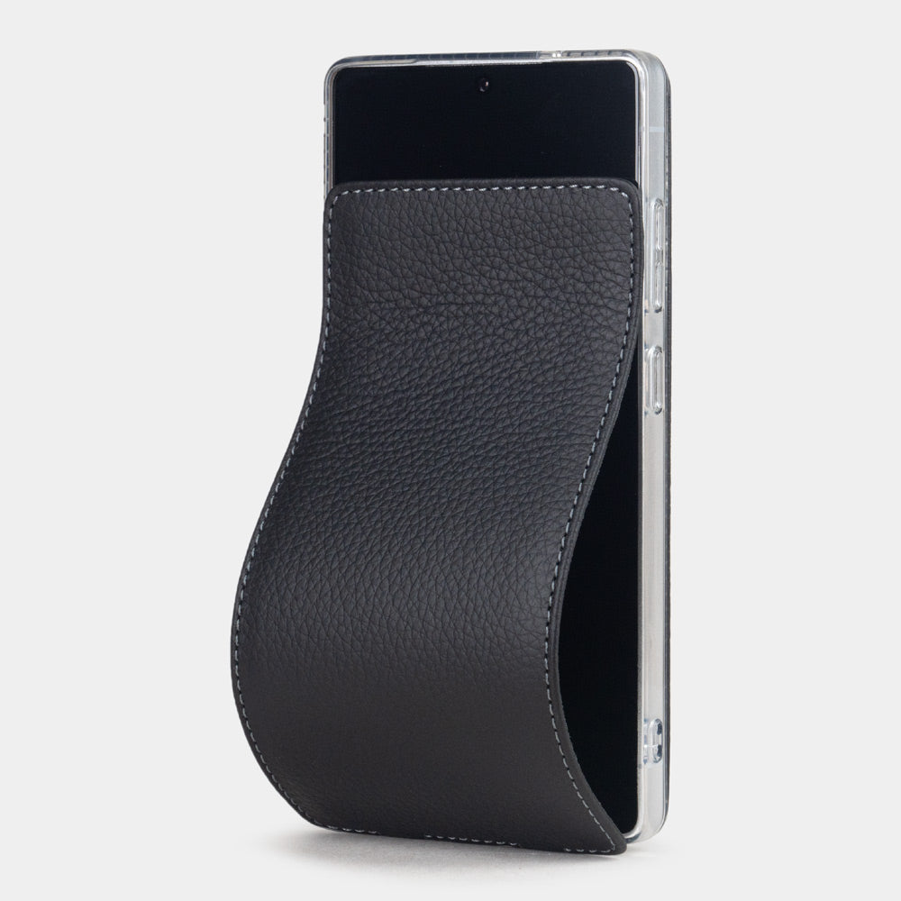 black calfskin flip case Samsung Galaxy S25 Ultra – luxury handmade phone case in genuine leather with magnetic front cover partially open