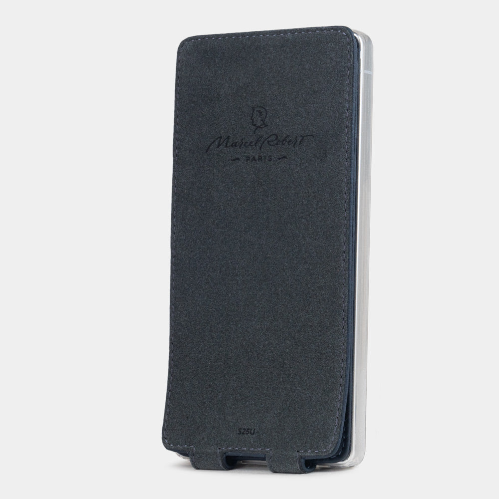 blue leather flip case Samsung S25 Ultra Alcantara-lined magnetic flap that folds back during calls