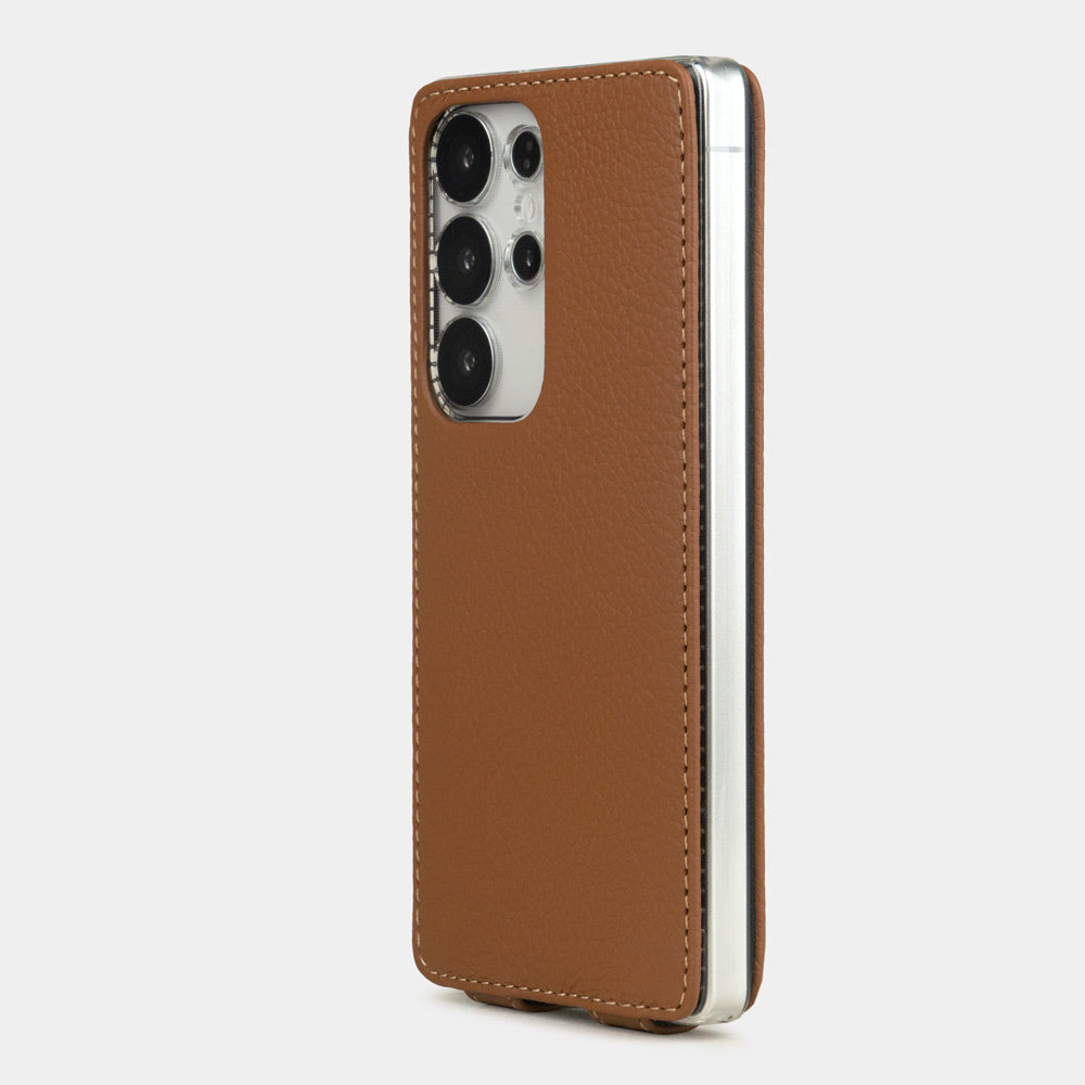 gold leather flip case Samsung S25 Ultra slim back with built-in MagSafe and precise camera cutouts