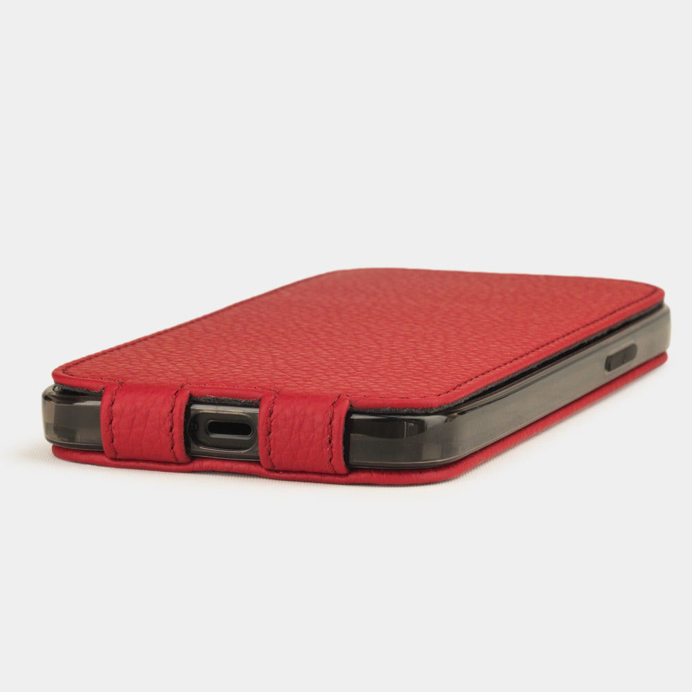 red leather flip case for iPhone 12 pro, view of the case laid flat showing its slim profile