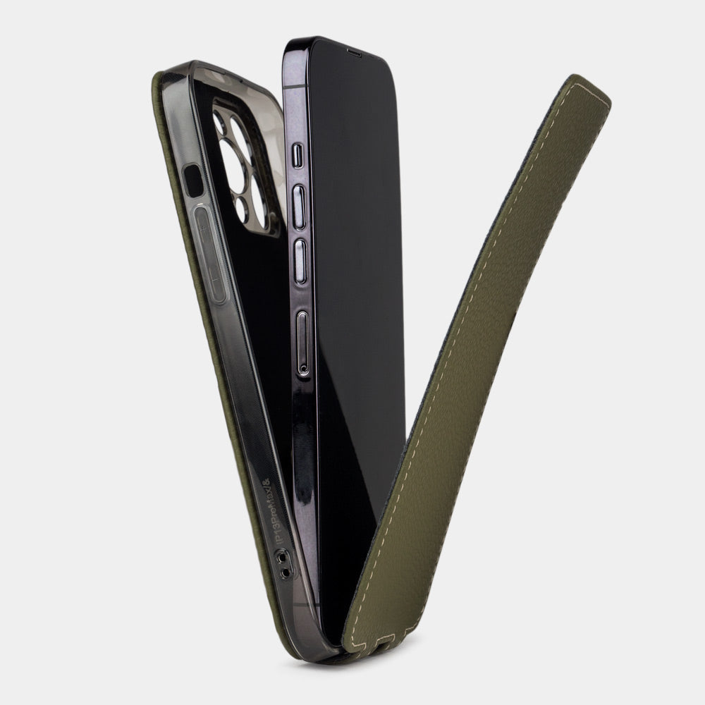 iPhone 14 Pro flip case made with green premium leather – view showing how the iPhone sits in the slim silicone shell and the soft flap that protects the screen