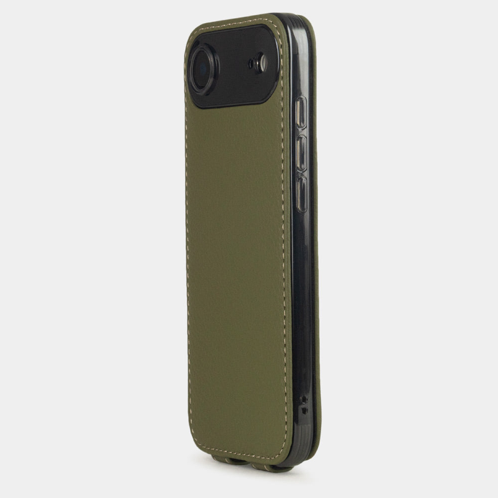 green leather case iPhone 17 Air - view from camera side and how the lenses are efficiently protected