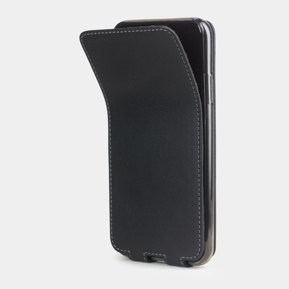 Black calfskin leather flip case iPhone 11 Pro, Marcel Robert handmade magnetic folding cover