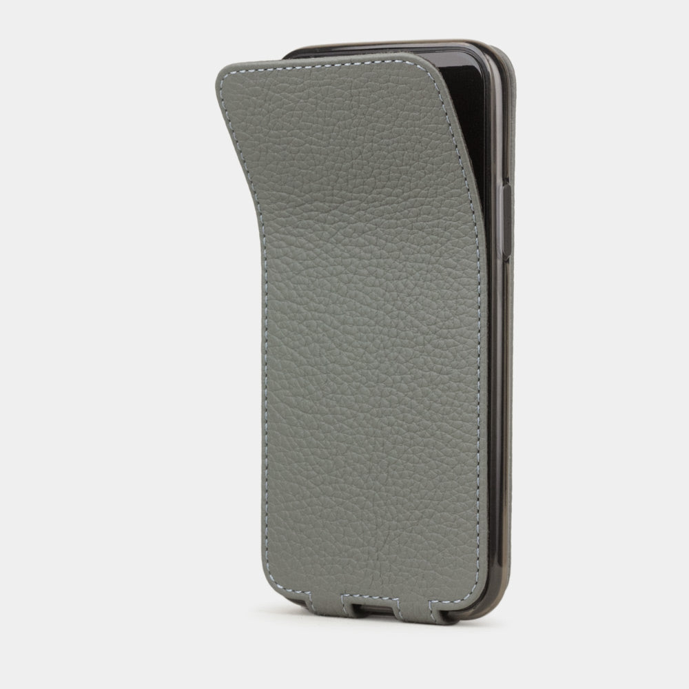 Grey Steel calfskin leather flip case iPhone 11, Marcel Robert handmade magnetic folding cover