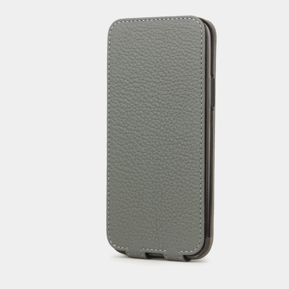 Grey Steel calfskin leather flip case iPhone 11, Marcel Robert handmade magnetic folding cover