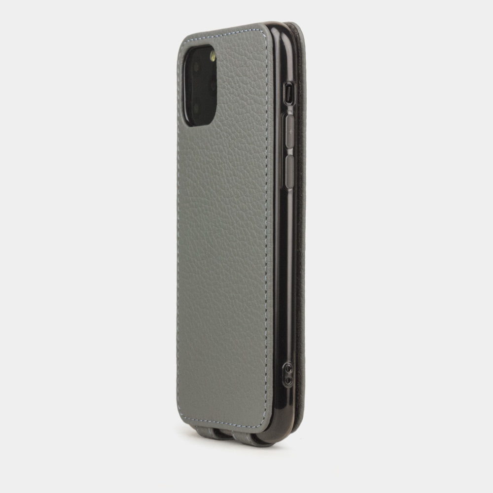 Grey Steel calfskin leather flip case iPhone 11, Marcel Robert handmade magnetic folding cover