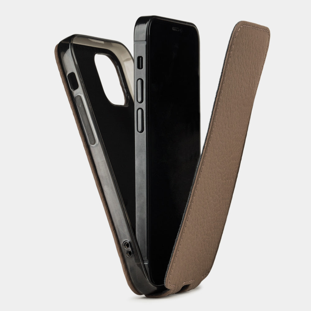 coffee calfskin leather iPhone 12 Pro Max case — handmade magnetic flip cover Marcel Robert