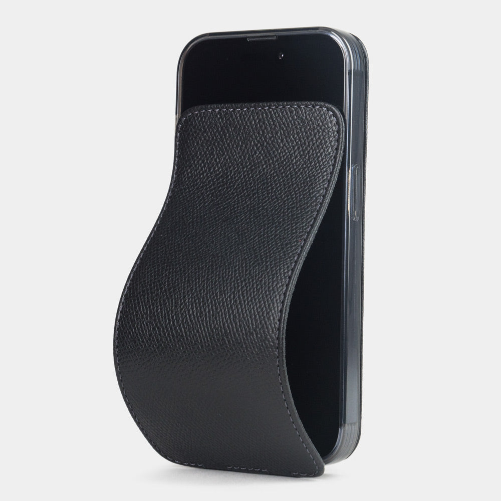 Black Epsom calfskin leather flip case for iPhone 15 Plus – folding magnetic flap curving away to clean the screen
