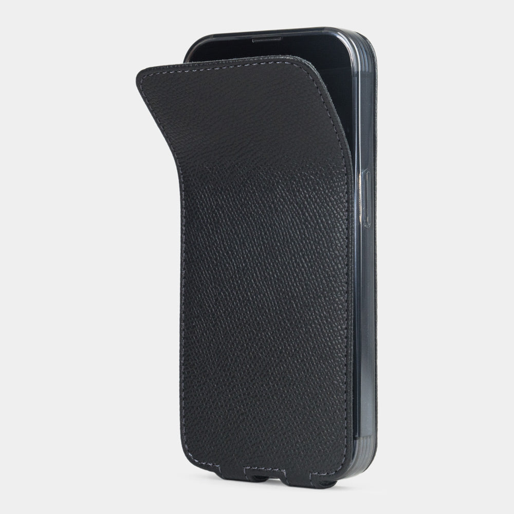 Black Epsom calfskin leather flip case for iPhone 15 Plus – magnetic flap opening to reveal the screen