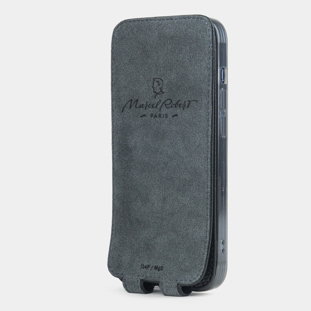 Black Epsom calfskin leather flip case for iPhone 15 Plus – Alcantara® inner lining to smoothly clean the iPhone's screen