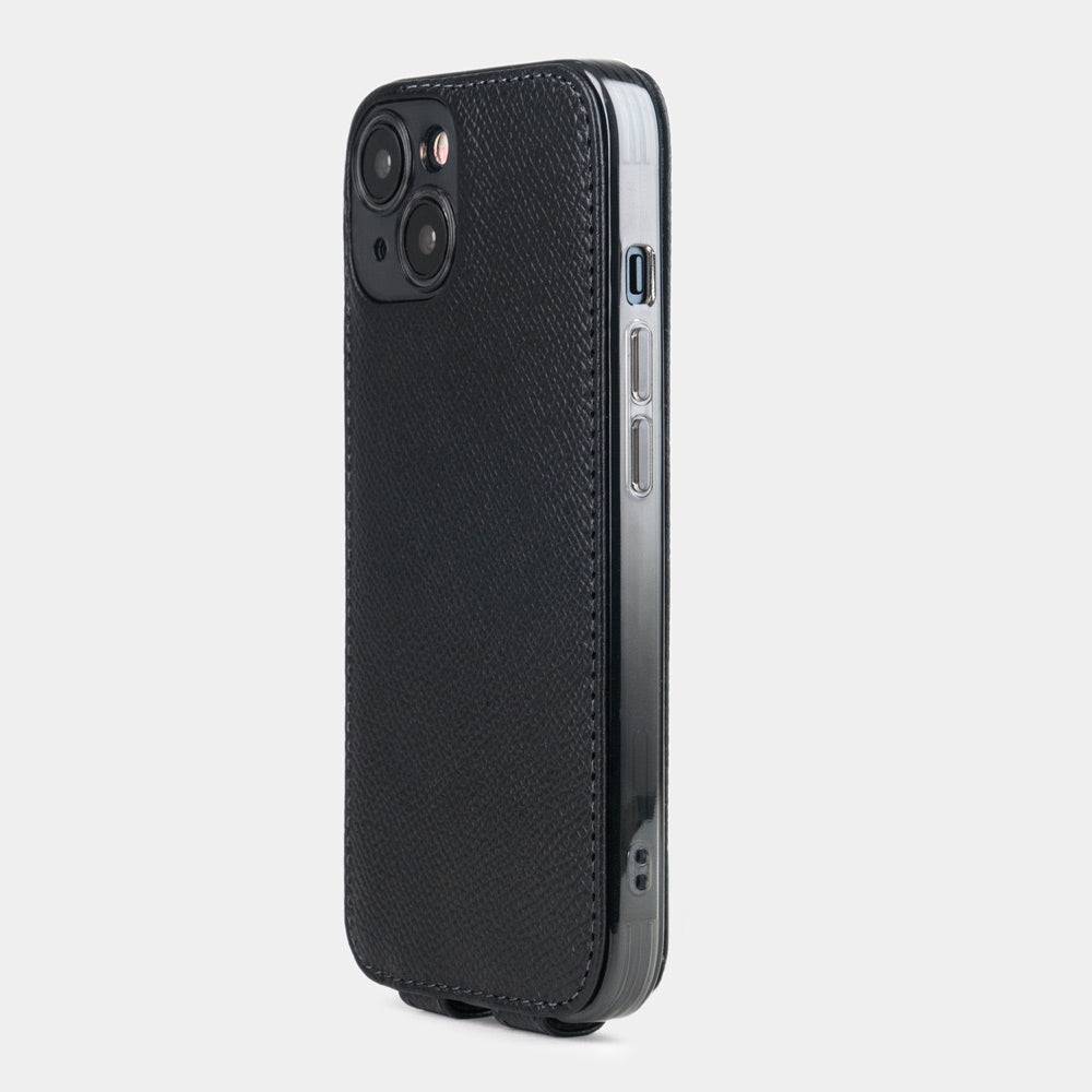 Black Epsom calfskin leather flip case for iPhone 15 Plus – back view showing the camera cutout and hand-stitched edges