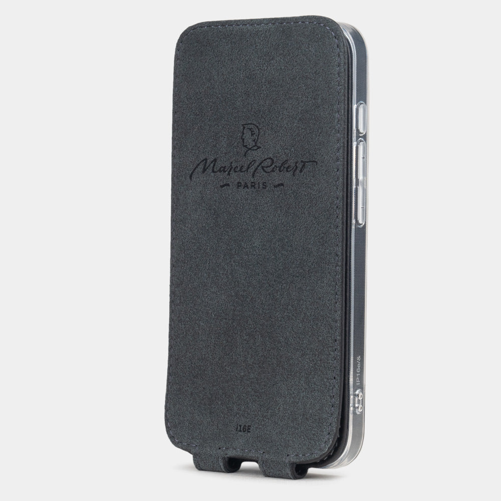 Black Calfskin Flip Case iPhone 16e - interior view showing grey Alcantara lining with magnetic closure, designed to clean and protect the screen