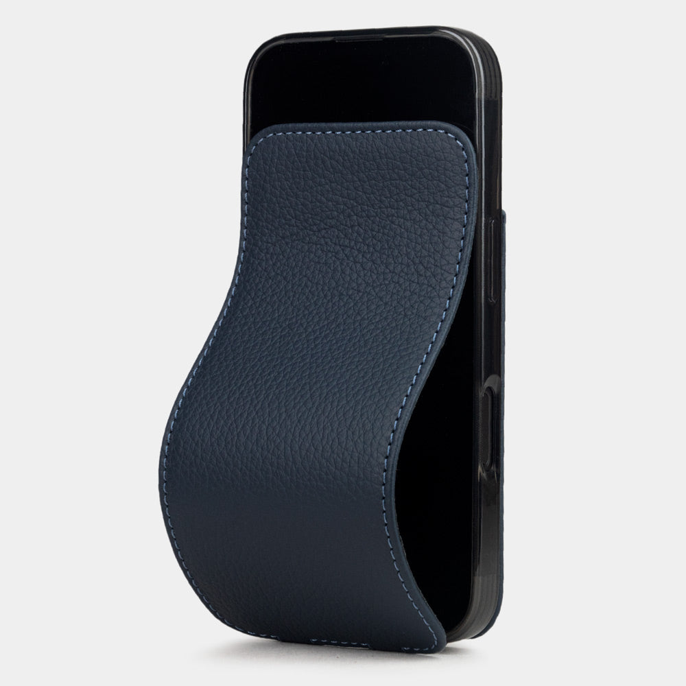 blue calfskin leather flip case iPhone 16 Plus – luxury handmade phone case in genuine leather with magnetic front cover partially open
