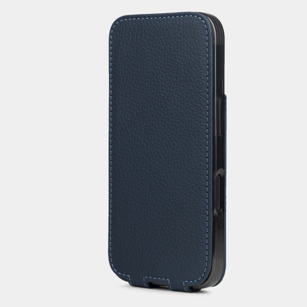 blue Calfskin leather Flip Case iPhone 16 Plus – upright closed view highlighting the magnetic front cover fully protecting the screen, elegant silhouette
