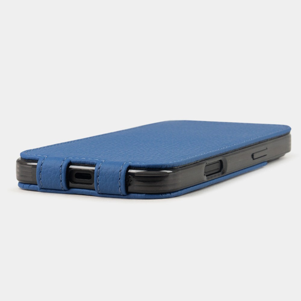royal blue calfskin leather Flip Case iPhone 16 plus - flat side view displaying ultra-thin handcrafted design, USB-C port opening and precise edge finishing
