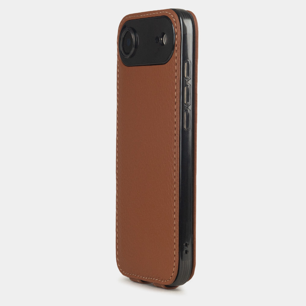 gold leather case iPhone 17 Air - view from camera side and how the lenses are efficiently protected
