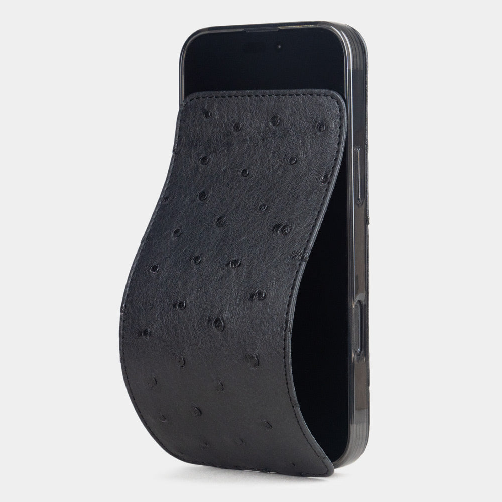 black ostrich case iPhone 17 – luxury handmade phone case in genuine ostrich leather with magnetic front cover partially open