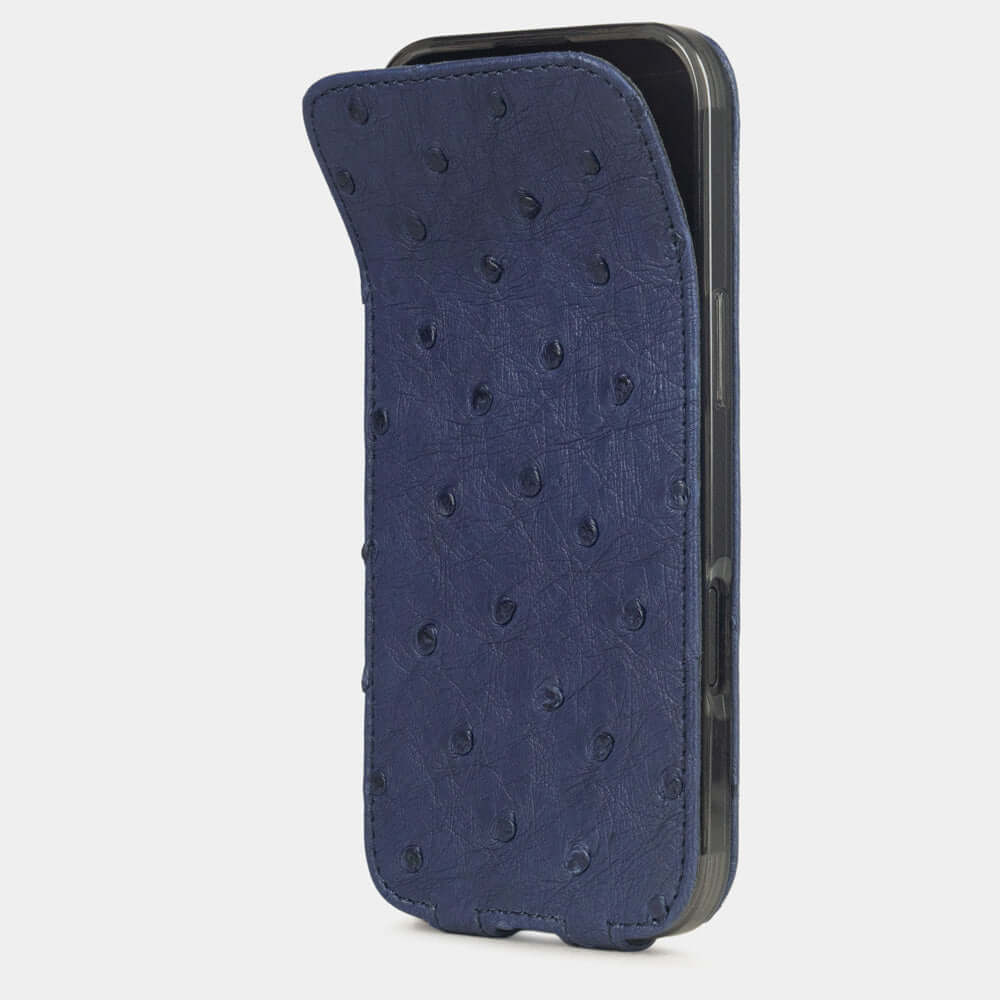 Blue Ostrich Case iPhone 17 Air – phone flip case with textured quill pattern, flexible front cover folding back to protect the smartphone screen