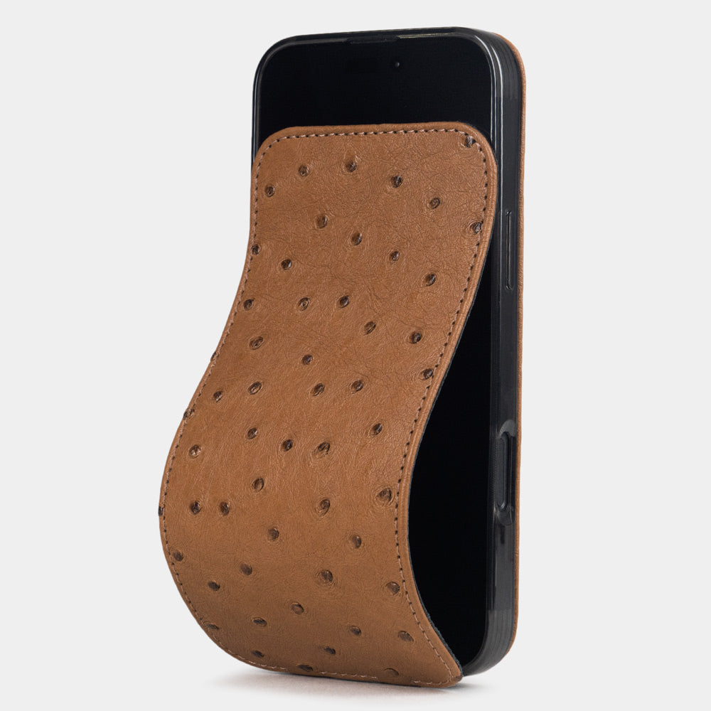 Gold Ostrich Case iPhone 17 Air – luxury handmade phone case in genuine ostrich leather with magnetic front cover partially open