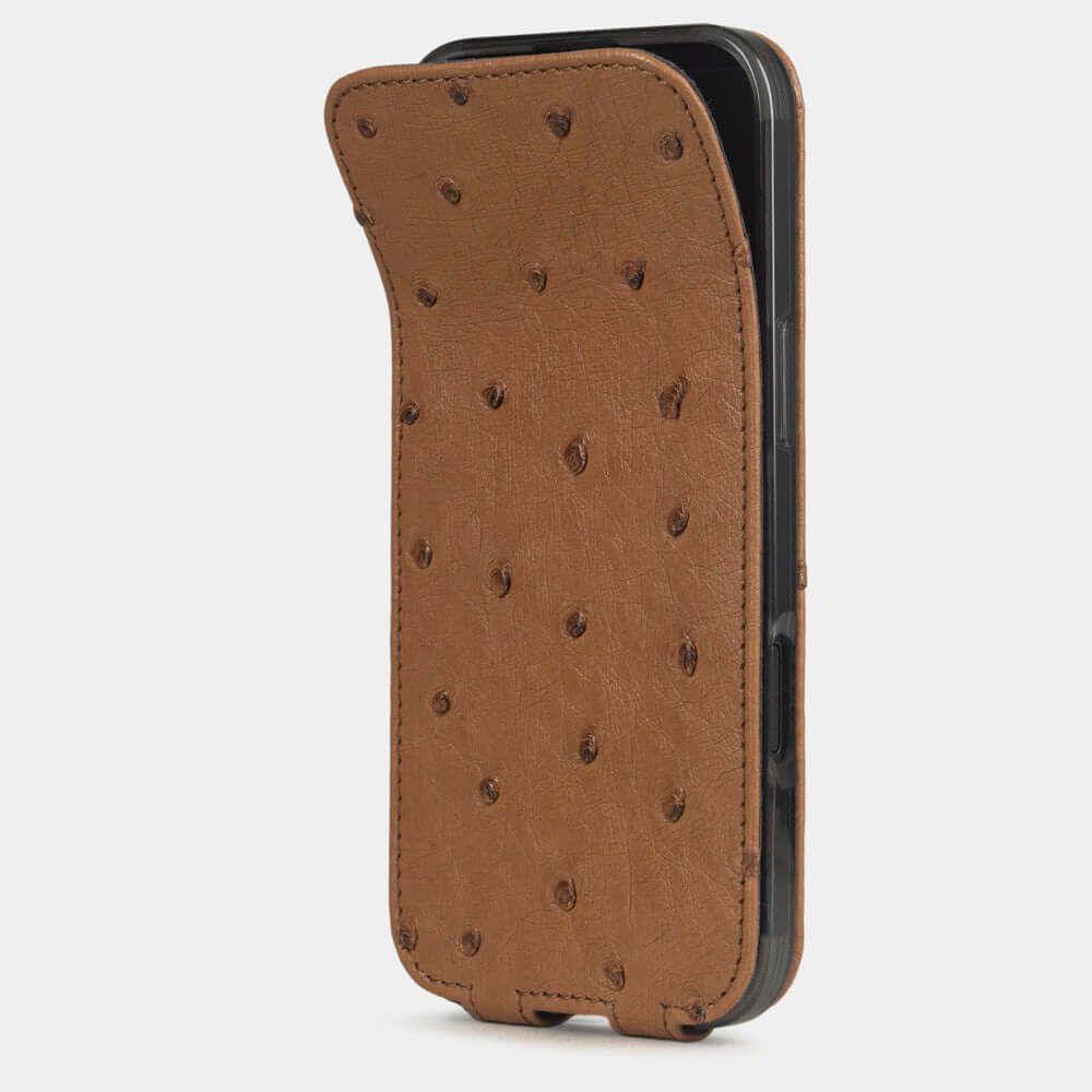 Gold Ostrich Case iPhone 17 Air – phone flip case with textured quill pattern, flexible front cover folding back to protect the smartphone screen