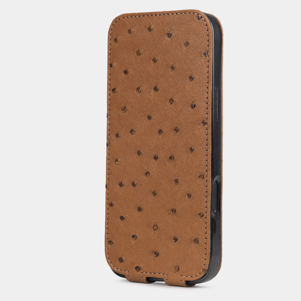 Gold Ostrich Case iPhone 17 Air – upright closed view highlighting the magnetic front cover fully protecting the screen, elegant silhouette