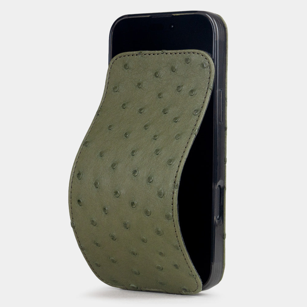 Green Ostrich Case iPhone 17 Air – luxury handmade phone case in genuine ostrich leather with magnetic front cover partially open