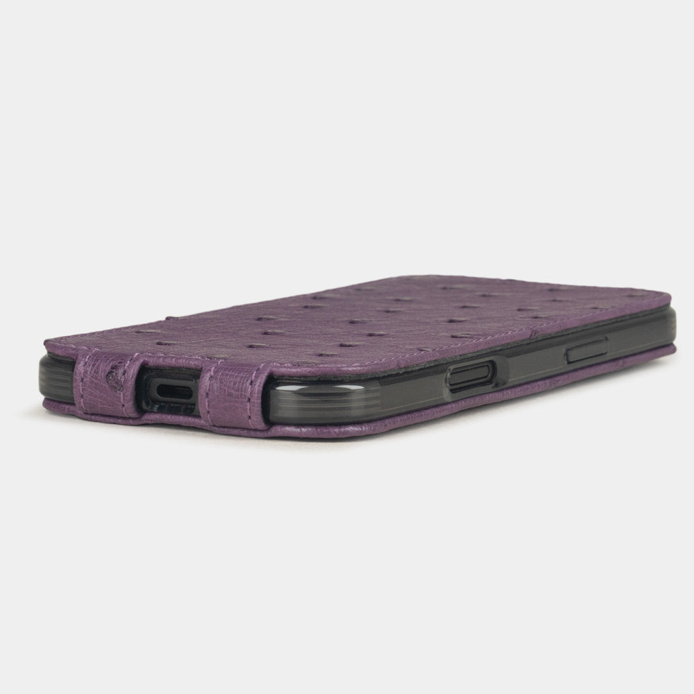 purple ostrich case iPhone 17 Air - flat side view displaying ultra-thin handcrafted design, USB-C port opening and precise edge finishing