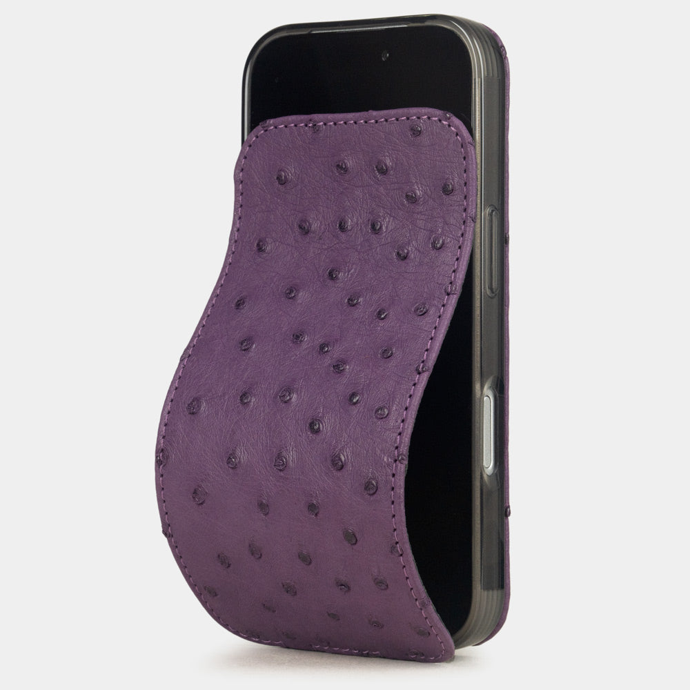 Purple Ostrich Case iPhone 17 Air – luxury handmade phone case in genuine ostrich leather with magnetic front cover partially open, main photo