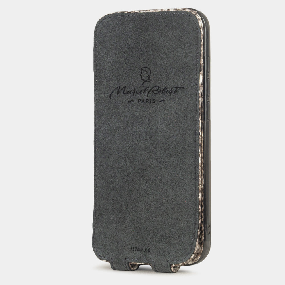 Natural Python Case iPhone 17 Air - interior view showing grey Alcantara lining with magnetic closure, designed to clean and protect the screen