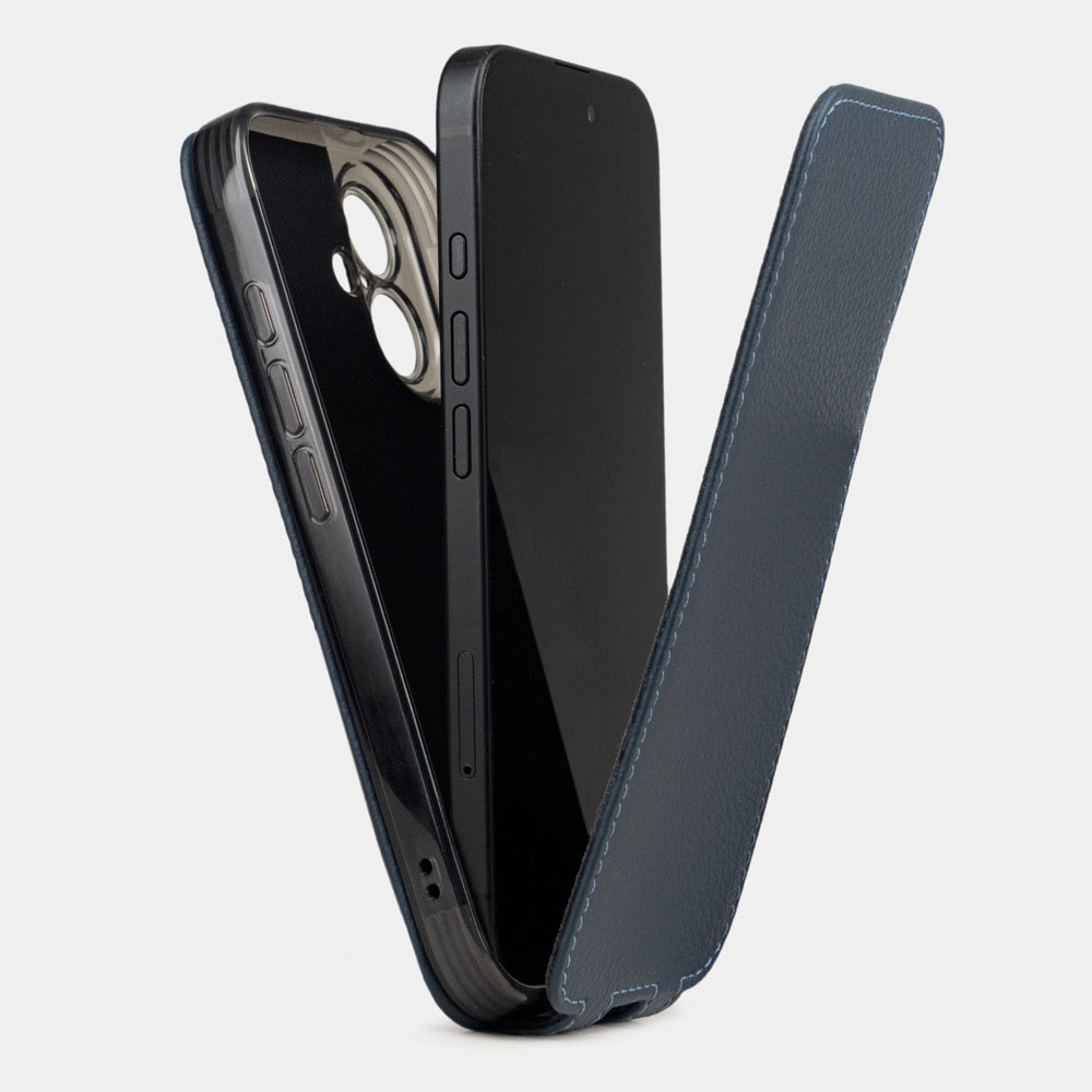 view from inside - how to use the case Marcel Robert iPhone 17 leather case with integrated silicone shell, showing smartphone securely positioned inside with magnetic front cover