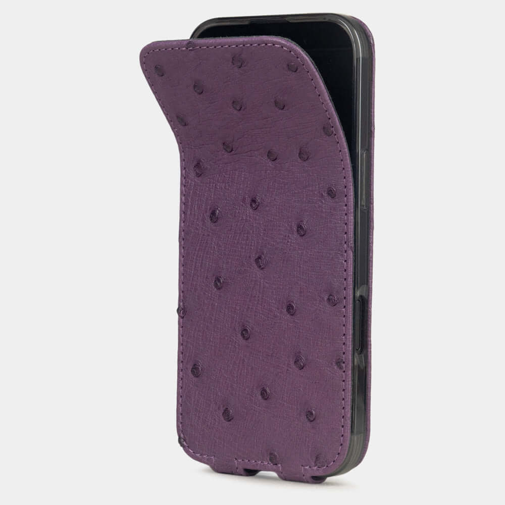 Purple Ostrich Case iPhone 17 Air – phone flip case with textured quill pattern, flexible front cover folding back to protect the smartphone screen