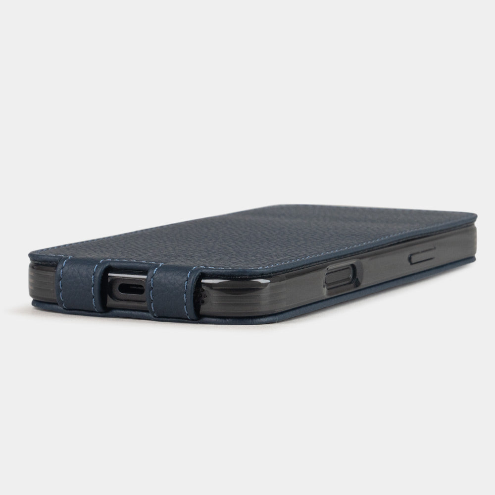 flip case iPhone 17 pro blue premium leather manufactured by Marcel Robert – flat on table view showing ultra thickness and USB-C port opening
