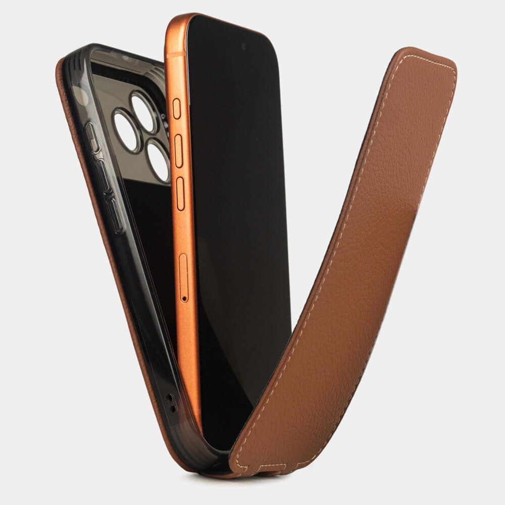 Gold Calfskin Case iPhone 17 Pro Max - flip phone case shown open on smartphone, natural scale texture with folding front cover