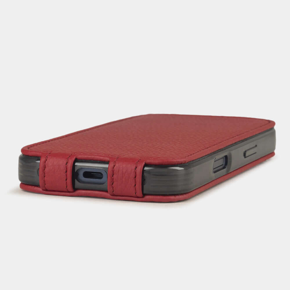 Red Calfskin Case iPhone 17 Pro Max - flat side view displaying ultra-thin handcrafted design, USB-C port opening and precise edge finishing