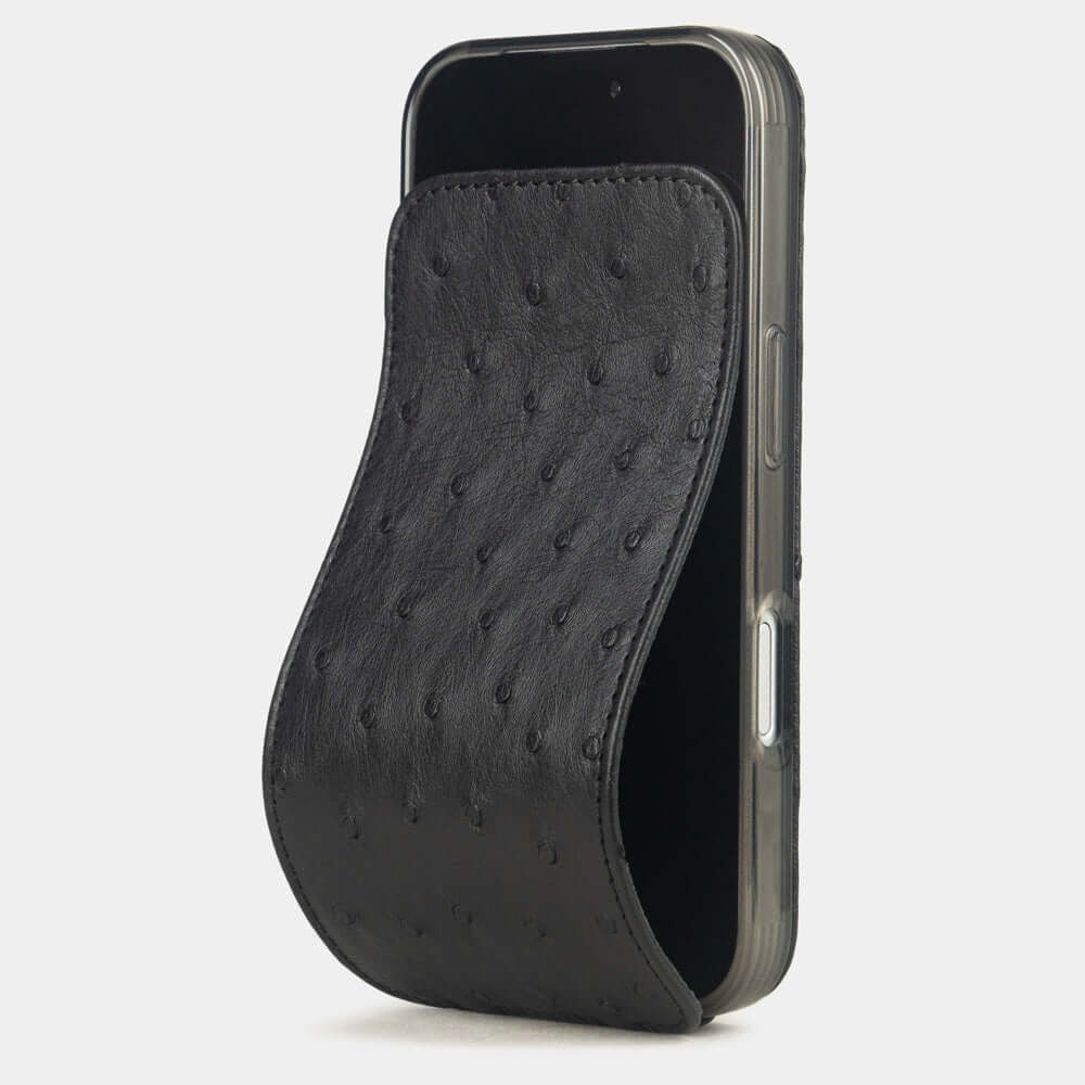 Black Ostrich Case iPhone 17 Pro Max – luxury handmade phone case in genuine ostrich leather with magnetic front cover partially open, main photo