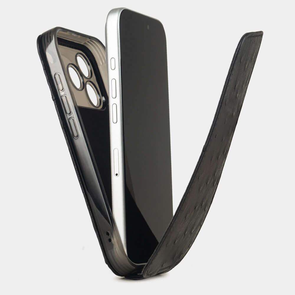 Black Ostrich Case iPhone 17 Pro Max - flip phone case shown open on smartphone, natural scale texture with folding front cover