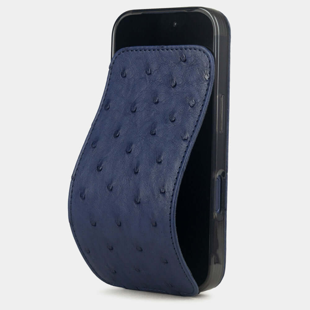 iPhone 17 Pro Max Ostrich Blue Leather Case displayed on a smartphone for a stylish and premium look.
