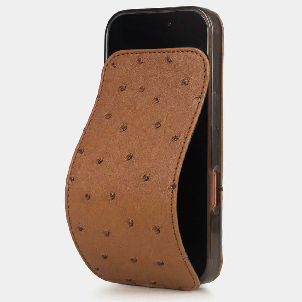 Gold Ostrich Case iPhone 17 Pro Max – luxury handmade phone case in genuine ostrich leather with magnetic front cover partially open, main photo